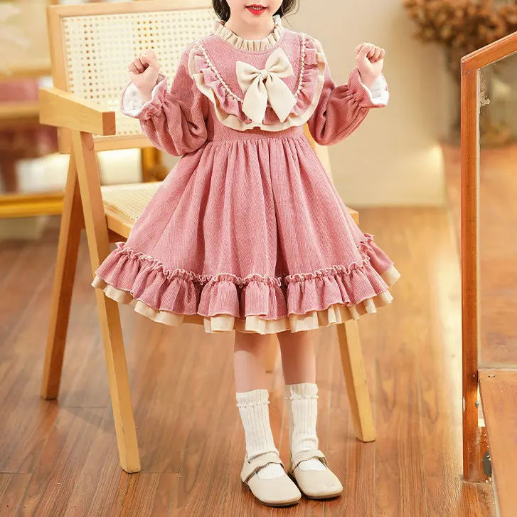 Girls 2023 Winter New Fashionable Korean style Dress Children Fashionable Bow Lace Collar Plush Thickened Princess Dress