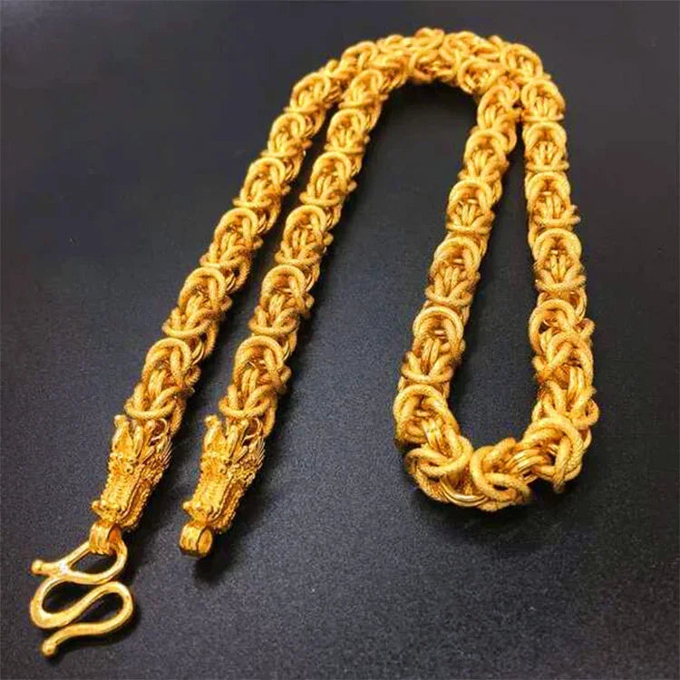 New Pure 24k Thai Large 100% Real 999 Gold Plated 18k Chain Dragon Head Wide Necklace 70cm Long for Male for Women's Gifts