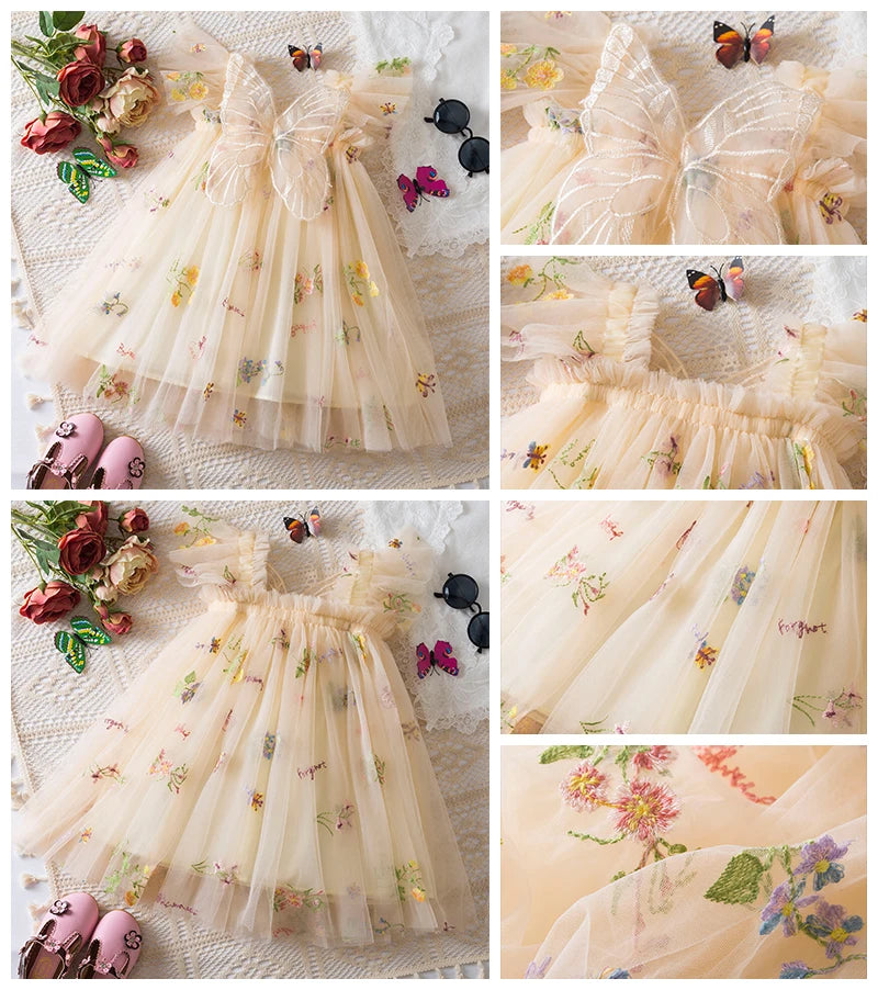 0-5 Years Girls' Dress Butterfly Dress for Summer New Flying Sleeve Mesh Princess Dress Baby Girls Floral Embroidery Clothes