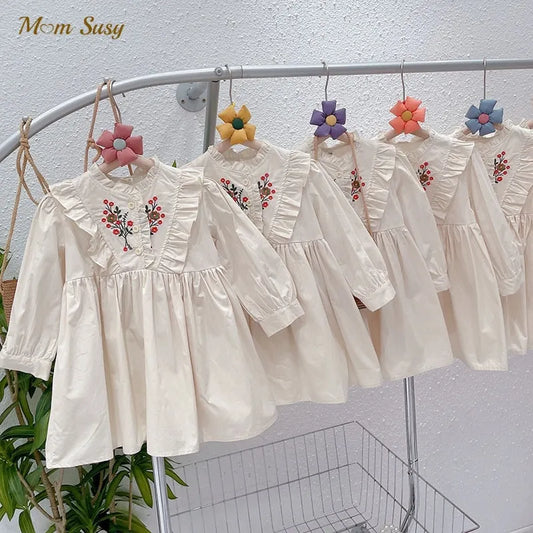 Baby Girl Princess Cotton Dress Embroidery Flower Infant Toddler Child Vintage Dress Long Sleeve Vestido Baby Clothes 1-7Y