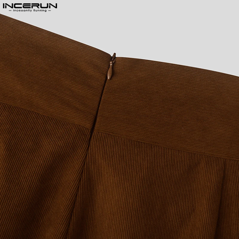 INCERUN American Commuting Men Long Loose Pants 2024 Handsome Boy High Waist Solid Color Trousers Fold Cross Wide Leg Bottoms