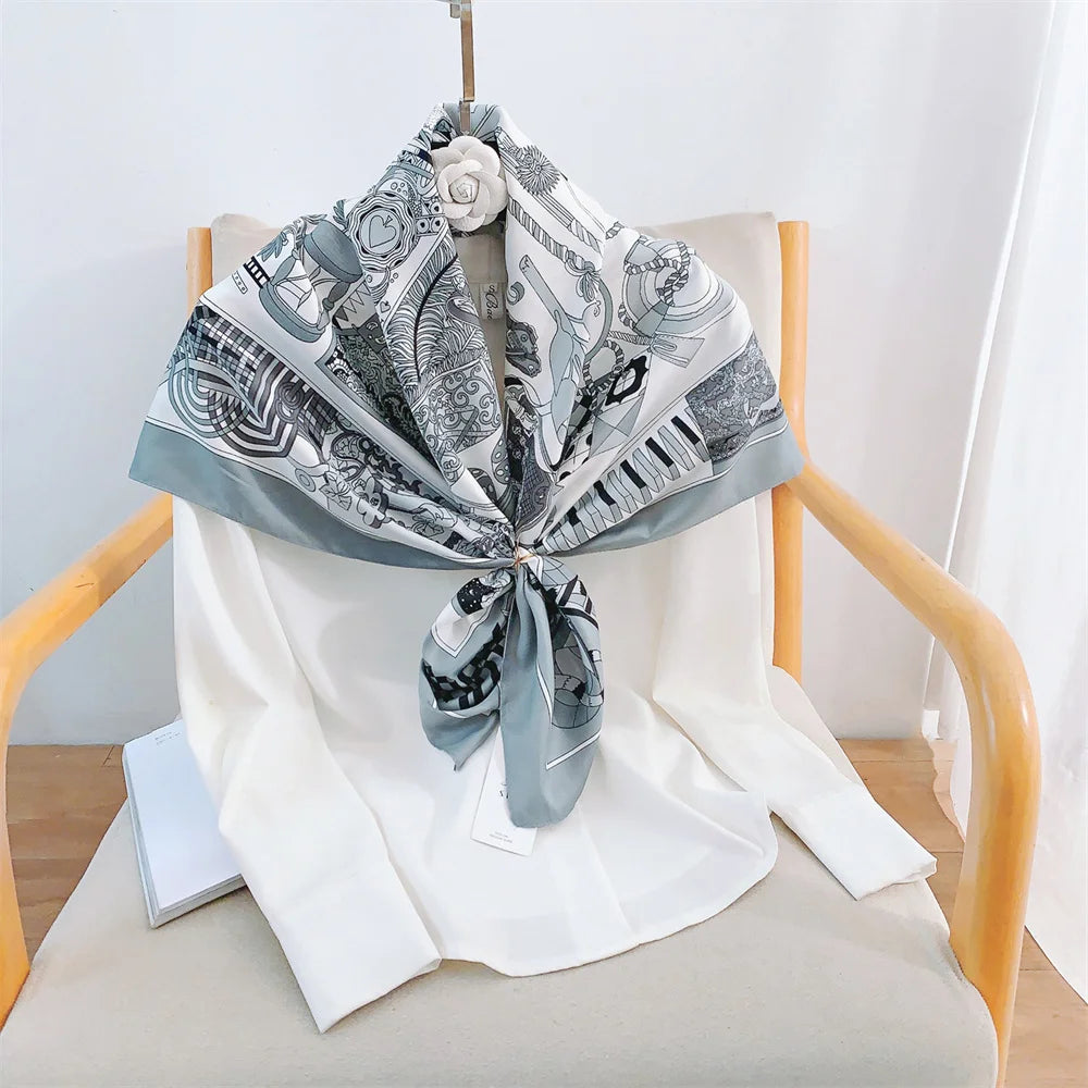 Twill Headscarf for Women Chain Geometric Print 90*90cm Square Scarf Hijab Bandana Female Neckerchief Hand Shawl Wraps Echarpe