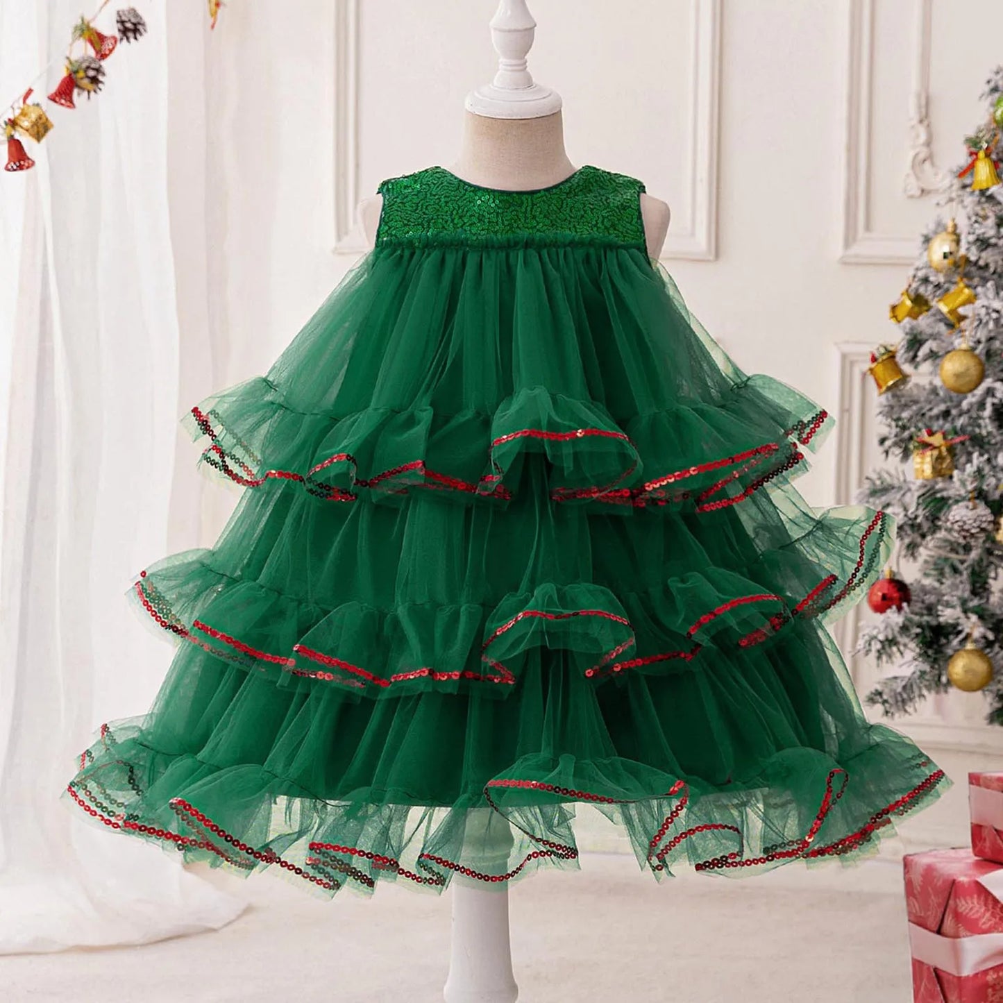 Elegant Baby Girl Christmas Dress Christmas Tree Style Cake Tiered Fluffy Tulle Toddler Ball Gowns 1 2 3 4 Years Newborn Clothes