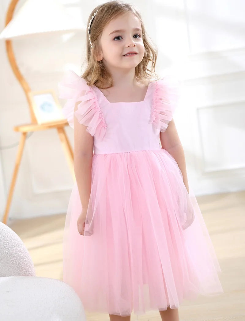 Baby Girl Princess Tutu Dress Fly Sleeve Infant Toddler Child Mesh Tulle Back Bow Vestido Dance Party Birthday Baby Clothes 1-5Y