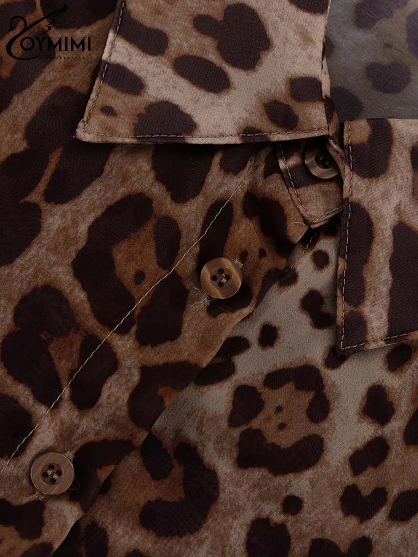 Oymimi Fashion Brown Leopard Print Sets For Women 2 Pieces Elegant Puff Sleeve Button Shirts And Drawstring Shorts Female Sets