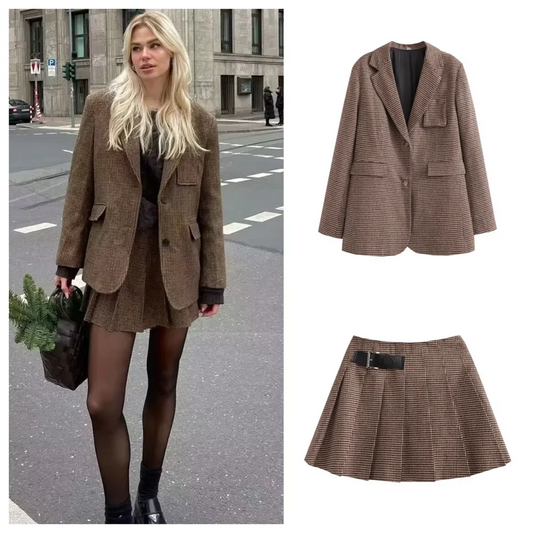 PB&ZA (BlzSuit) Autumn New Loose and Slim Suit Coat Leather Buckle Decoration Wide Pleated Skirt Pants Two Piece Set