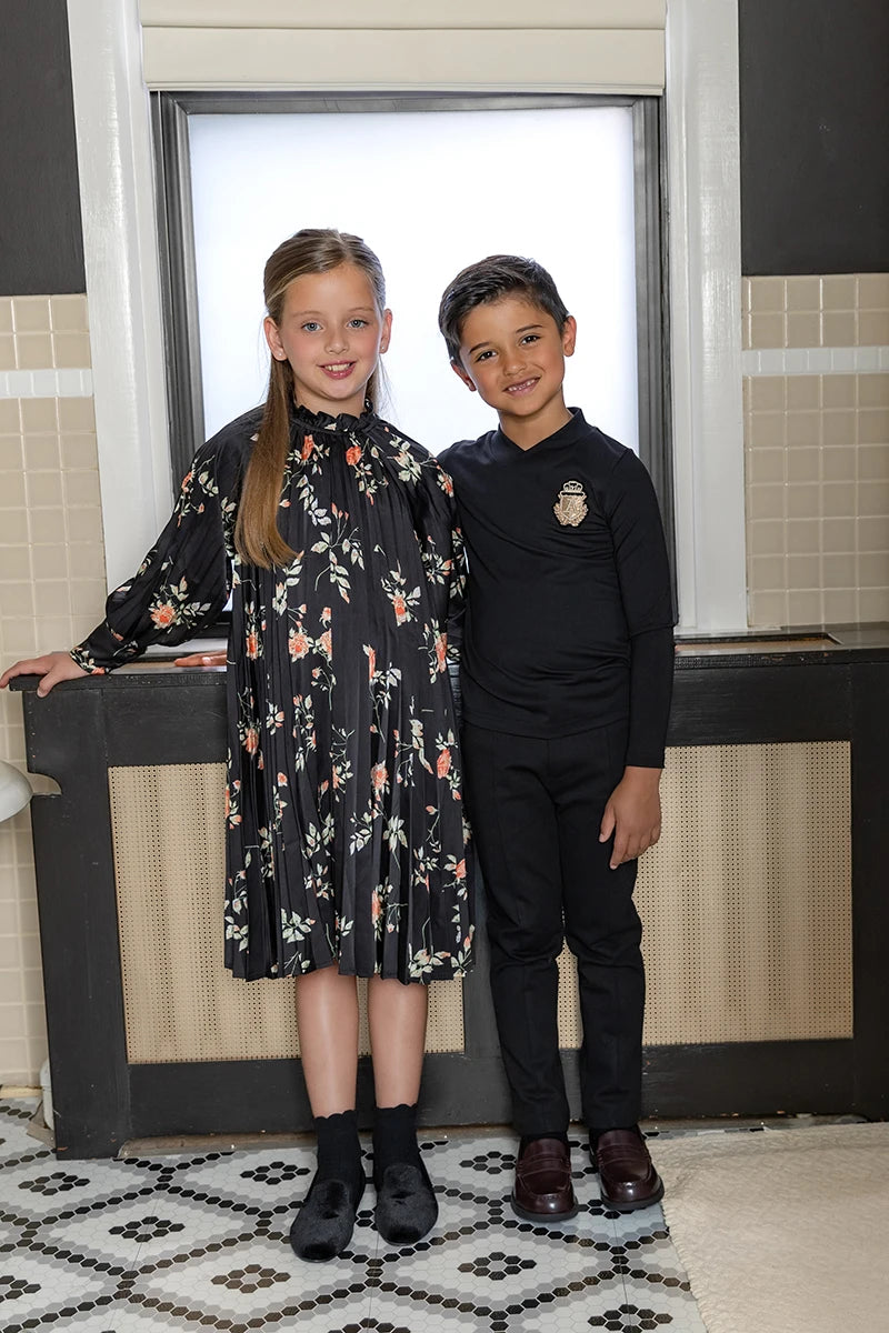 AP Floral Pleated Satin Collection 2025 Autumn Long Sleeve Girls Floral Pleated Dress Baby Romper Cute, #6007