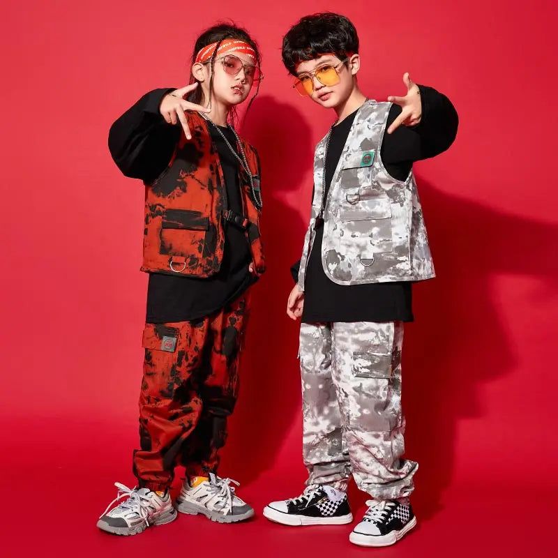 Modern Hip Hop Dance Clothes Kids Costume Camouflage Vest Pants Girls Long Sleeves Suit Boys Street Dance Outfit Rave Wear L9730