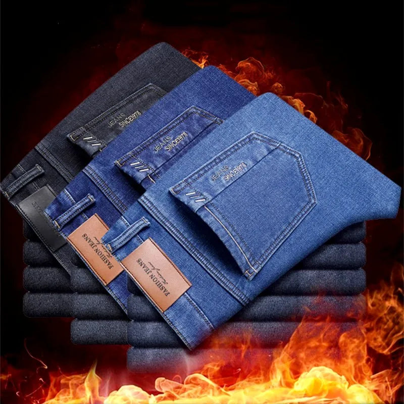 Men's Classic Regular Fit Fleece Jeans Business Fashion Loose Casual Stretch Pants Male Brand Plus Velvet Padded Warm Trousers