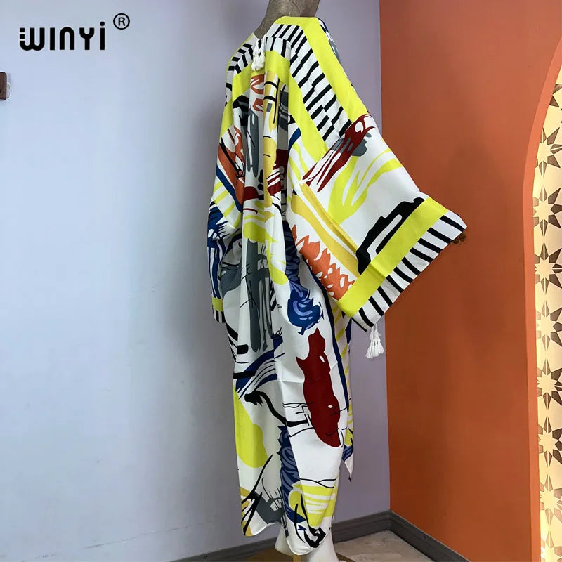WINYI kimono new boho beach summer print Bikini cover-ups sexy vestidos para playa long Sleeve swimsuit woman 2023 maxi dress