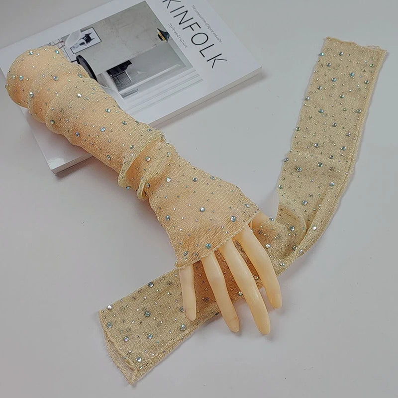 Sexy Silver Thread Flash Drill Half Finger Lace Gloves Summer Sunscreen Arm Sleeve Cosplay Nightclub Performance Long Mittens