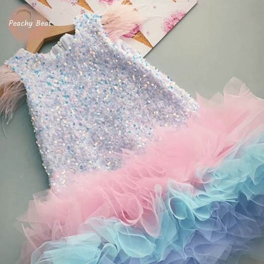 Baby Girl Princess Feather Sequin Dress Infant Toddler Child Teens Rainbow Vestido Party Pageant Birthday Baby Clothes 1-14Y