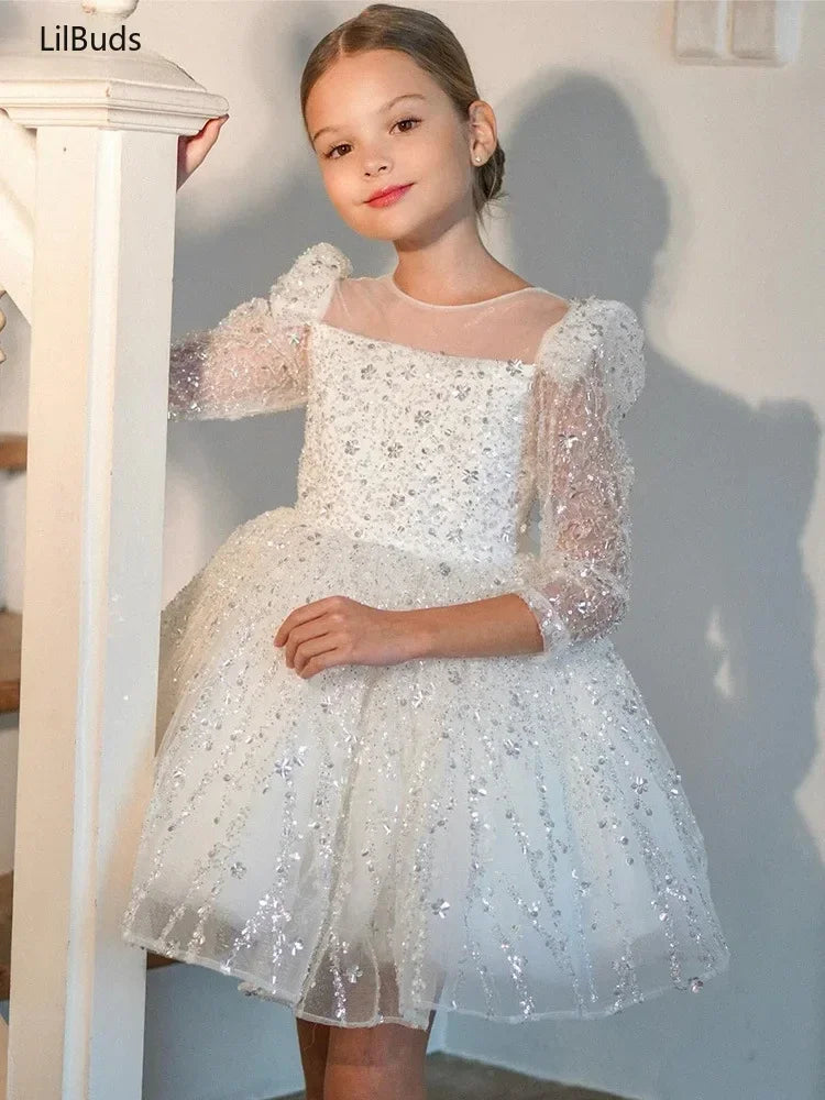 2024 Girls Dress Sequin Mesh Long-sleeved Birthday Party Outfit  New children's Clothes Matching Baby Opening Ceremony Prom