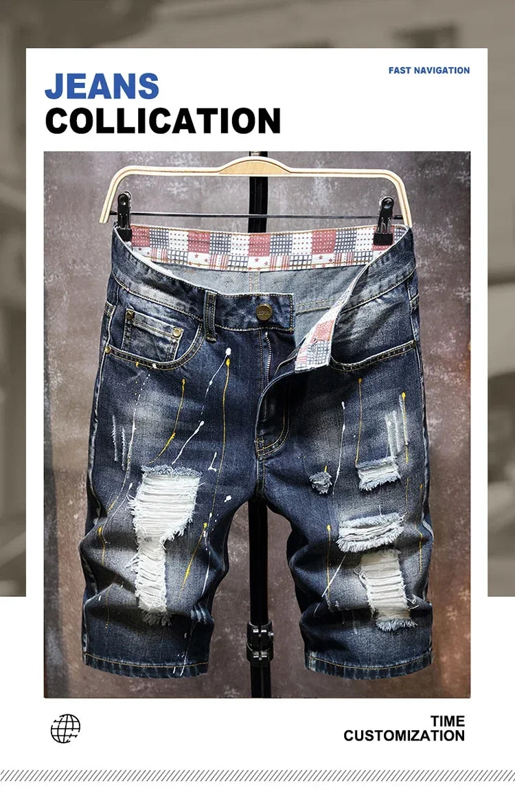 Men's Short Pants Jeans Trend Beggar Quarter Pants Ripped Denim Shorts Loose Straight Painted