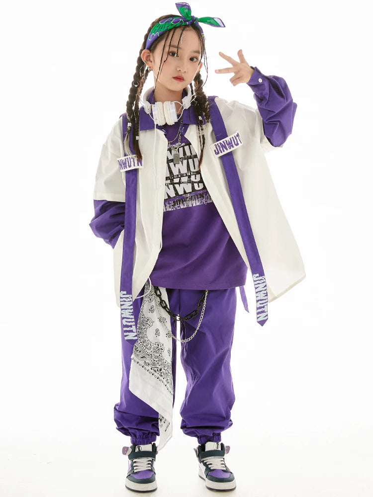 Jazz Dance Clothes Girls Hip Hop Costume Loose Coat Purple Pants Boys Breaking Street Dance Outfit Long Sleeves Suit