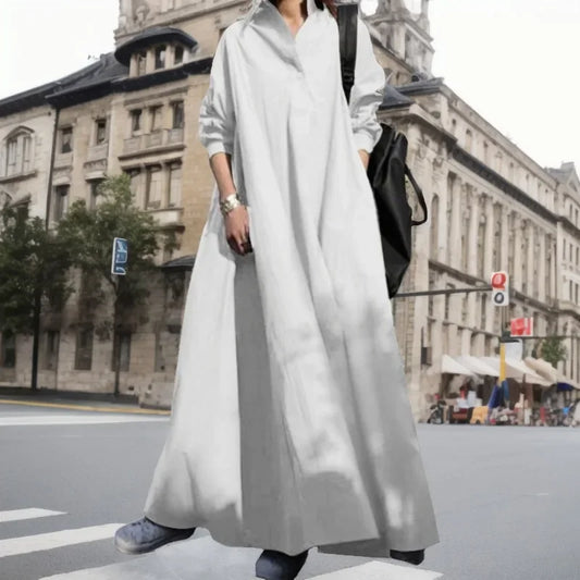 Plus Size 2024 Amazon Spring Autumn Cotton Linen Solid Color Vintage Ethnic Style Loose Fit Lapel Long Sleeve Wide Hem Dress