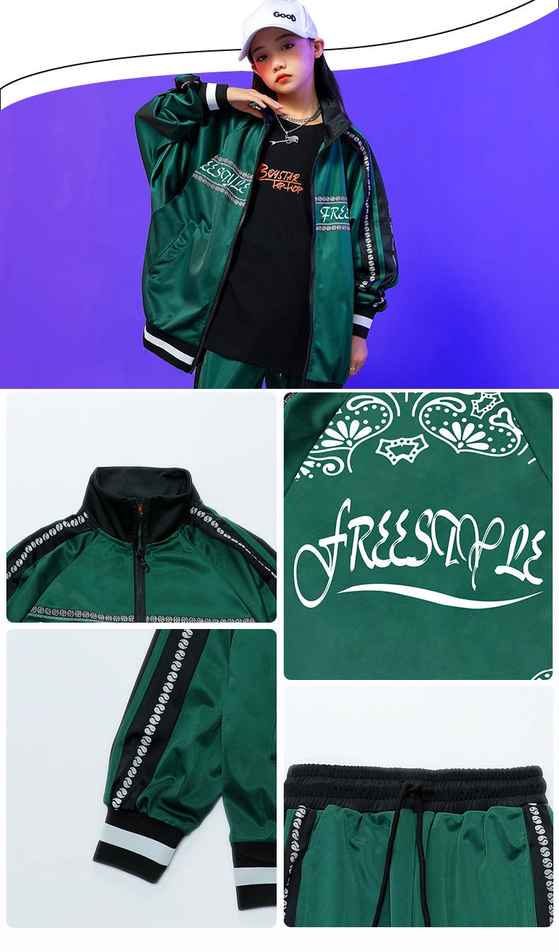 Kids Hip Hop Clothing Green Long Sleeves Outfit Coat Pants Boys Girls Modern Street Dance Costume Concert Show Clothing BL9005