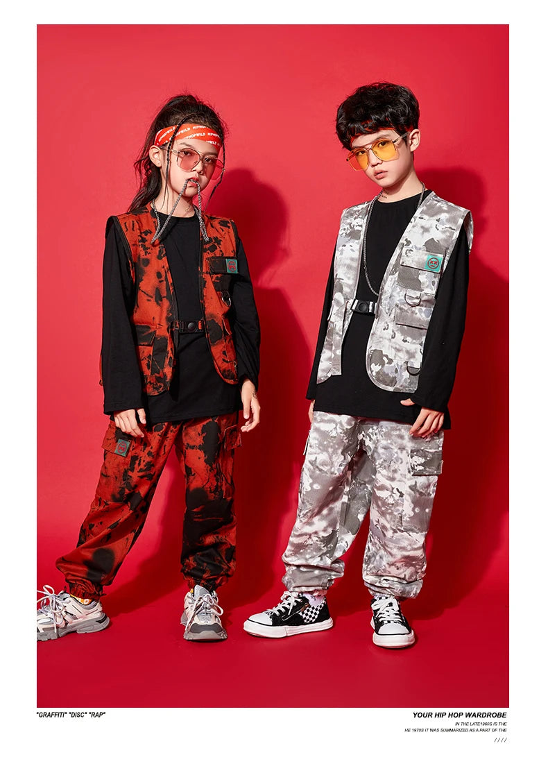 Modern Hip Hop Dance Clothes Kids Costume Camouflage Vest Pants Girls Long Sleeves Suit Boys Street Dance Outfit Rave Wear L9730