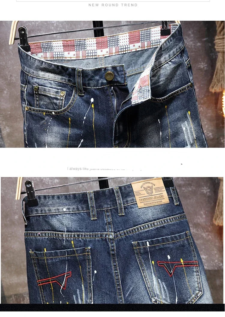 Men's Short Pants Jeans Trend Beggar Quarter Pants Ripped Denim Shorts Loose Straight Painted