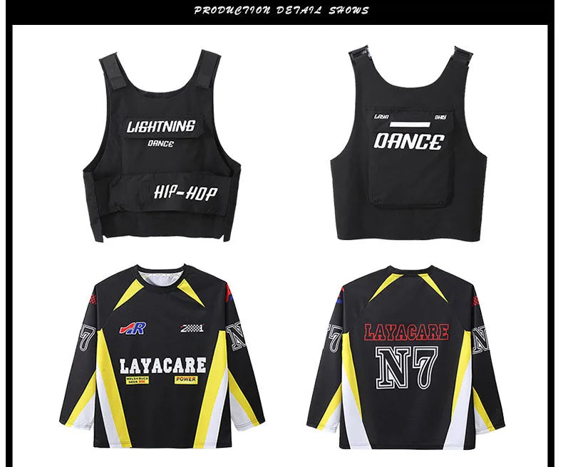 Kid Hip Hop Clothing Yellow Racing Long Sleeve T Shirt Vest Black Casual Cargo Pants for Girls Boys Jazz Dance Costume Clothes