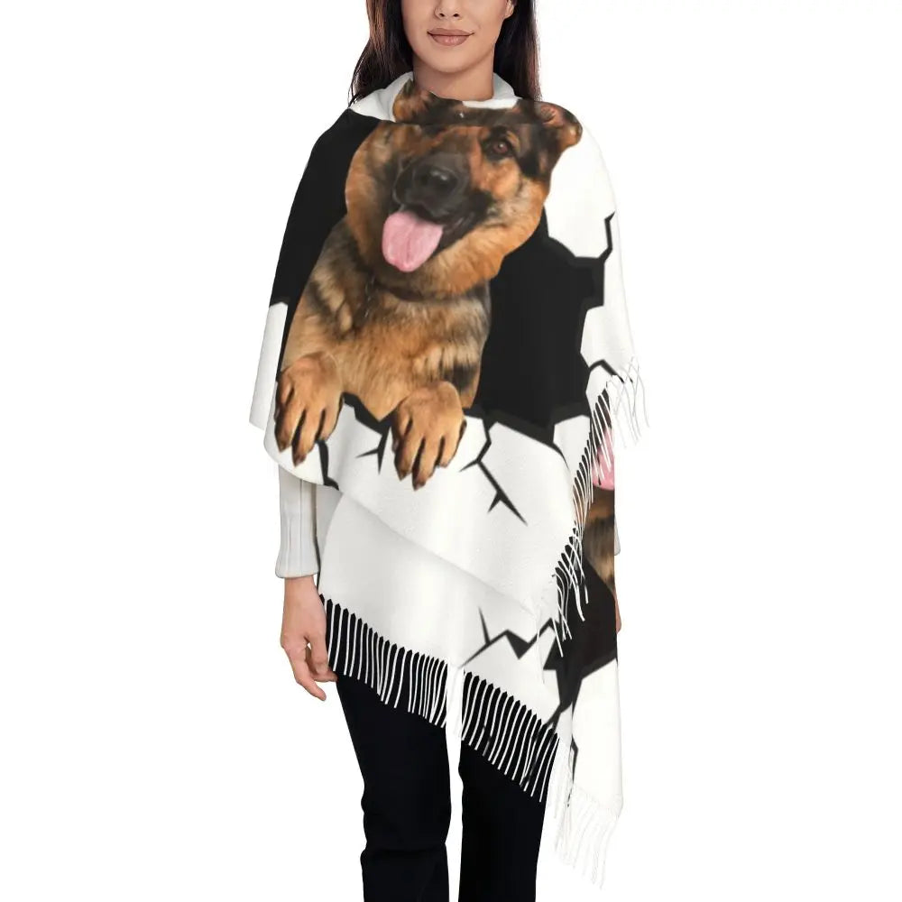 German Shepherd Courage Scarf Wrap Women Long Winter Fall Warm Tassel Shawl Unisex Alsatian Wolf Dog Lover Scarves
