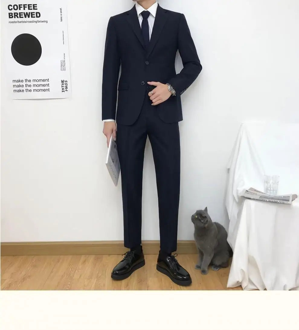 Mens Suits (SB) (Blazer+ Pants) Fashion Business Casual Slim-fit Wedding Solid Color Gentleman British Style Work Evening Dress 6XL