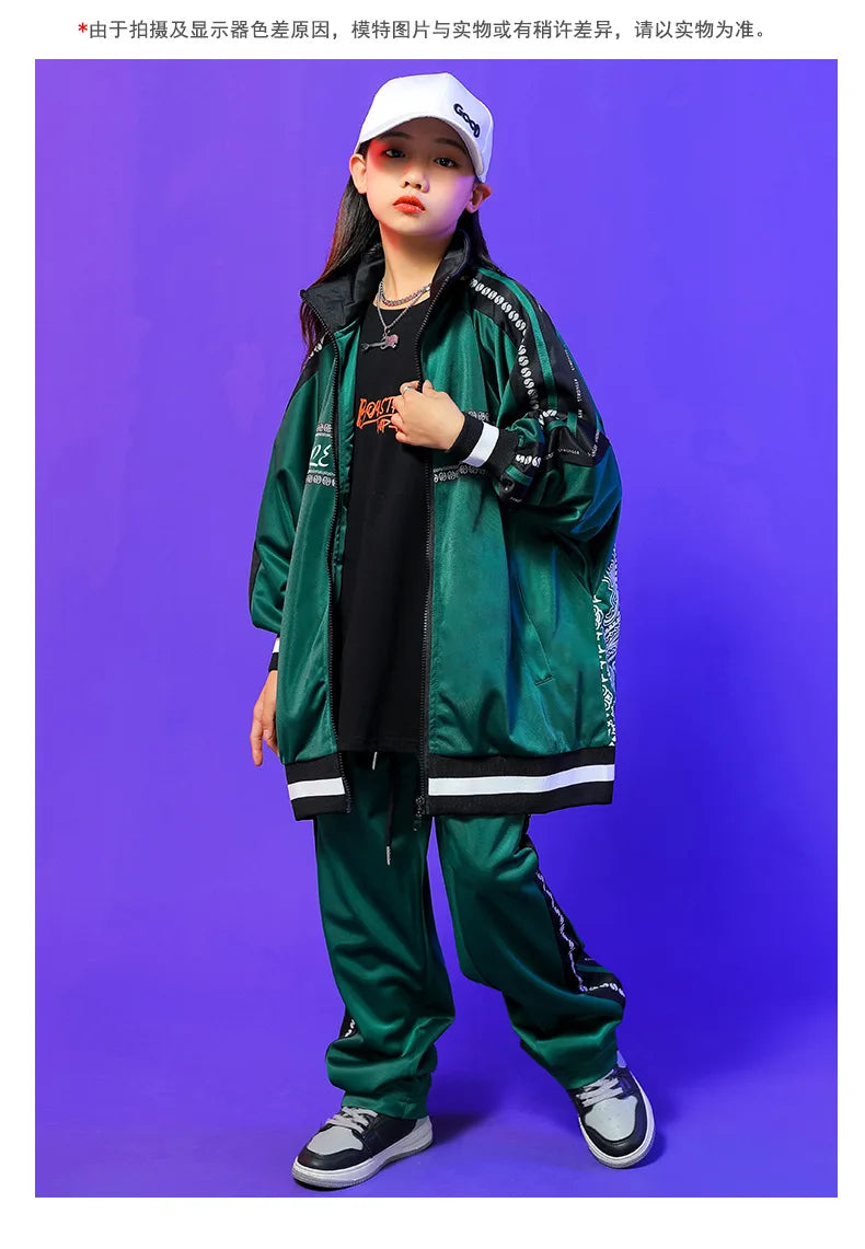 Kids Hip Hop Clothing Green Long Sleeves Outfit Coat Pants Boys Girls Modern Street Dance Costume Concert Show Clothing BL9005