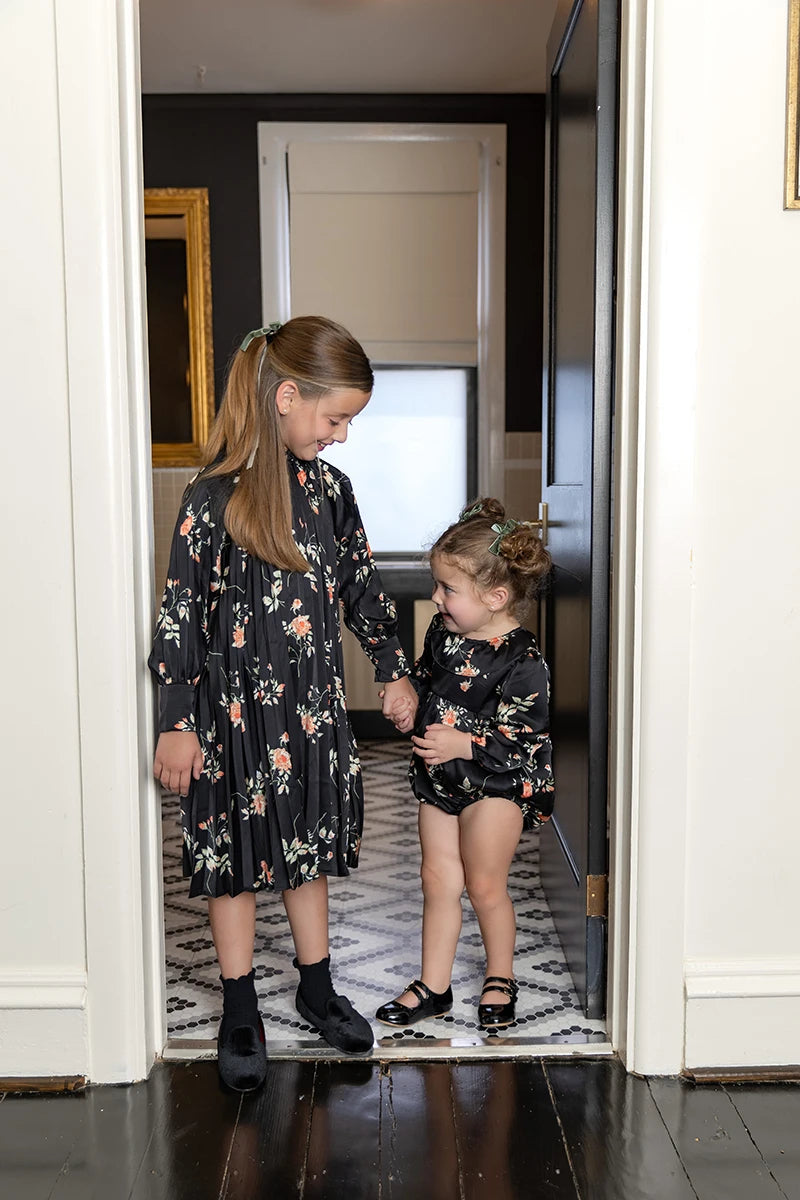 AP Floral Pleated Satin Collection 2025 Autumn Long Sleeve Girls Floral Pleated Dress Baby Romper Cute, #6007