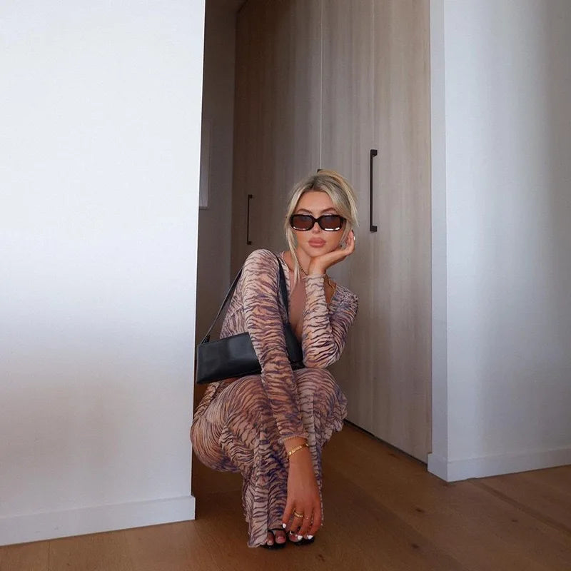 Tiger Printed Two Piece Set for Women, Sexy Long Sleeve Tops, Maxi Skirts, Matching Sets, Slim Outfits, Party Wear, Summer