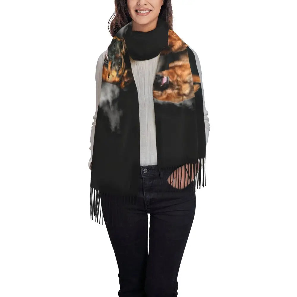 German Shepherd Courage Scarf Wrap Women Long Winter Fall Warm Tassel Shawl Unisex Alsatian Wolf Dog Lover Scarves