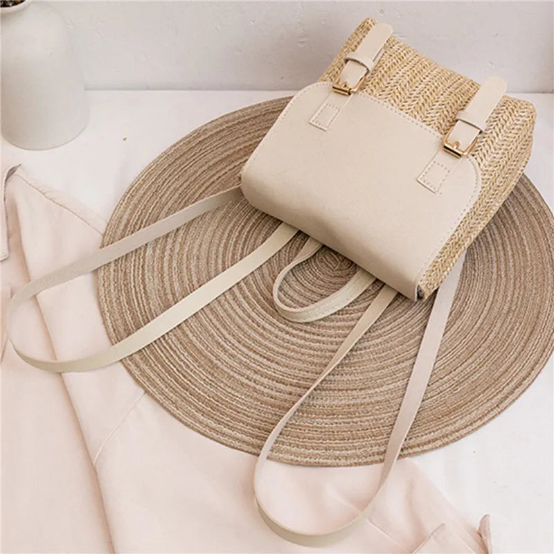 Fashion Women's Shoulder Bag Vintage Straw Woven Bag PU Leather Shoulder Bag Elegant Luxury Versatile Designer Backpack Mochilas