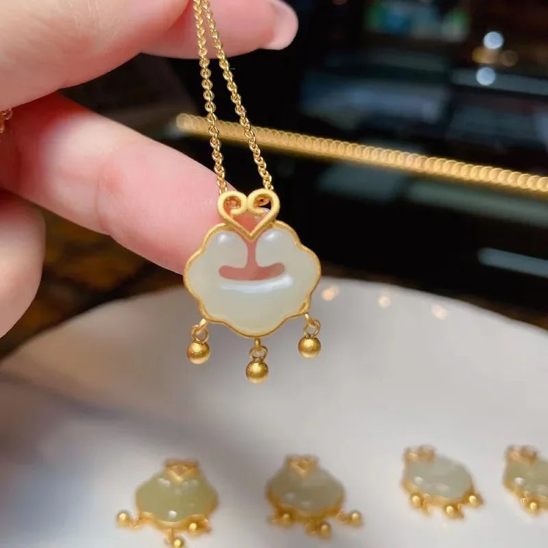 Long-life Lock Necklace Female Light Luxury National Wind Peace Ruyi Pendant Plated 100% Real Gold 24k 999 White Jade Keybone Ch