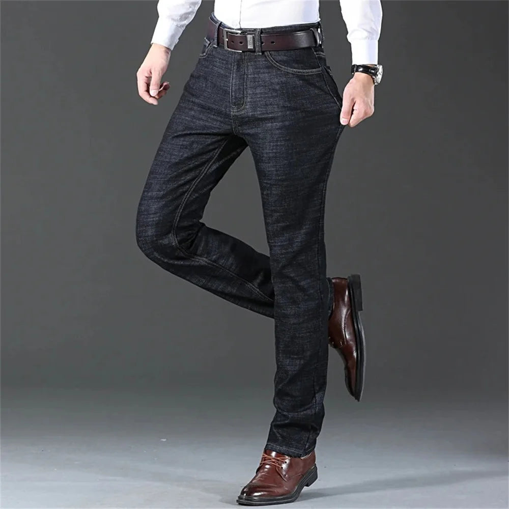 Men's Classic Regular Fit Fleece Jeans Business Fashion Loose Casual Stretch Pants Male Brand Plus Velvet Padded Warm Trousers