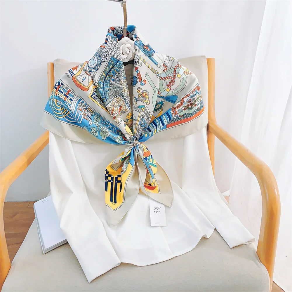 Twill Headscarf for Women Chain Geometric Print 90*90cm Square Scarf Hijab Bandana Female Neckerchief Hand Shawl Wraps Echarpe