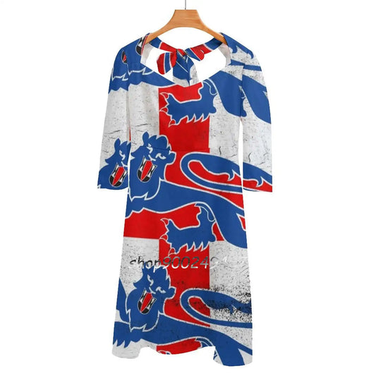 England Flag Three Lions Square Neck Dress Cute Loose Print Dresses Elegant Beach Party Dress England Football Soccer St George