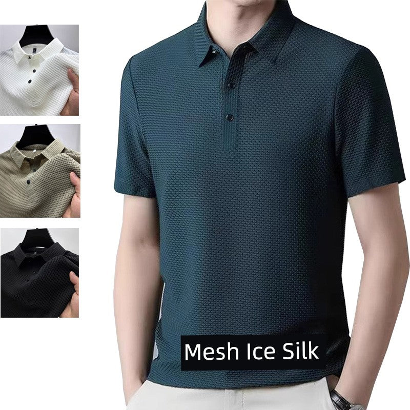 Summer Golf Ice Silk Short Sleeve T-shirt Men's Shirt Collar Polo Shirt Quick-Drying Mesh Pure Color Cool Feeling Breathable Half Sleeve