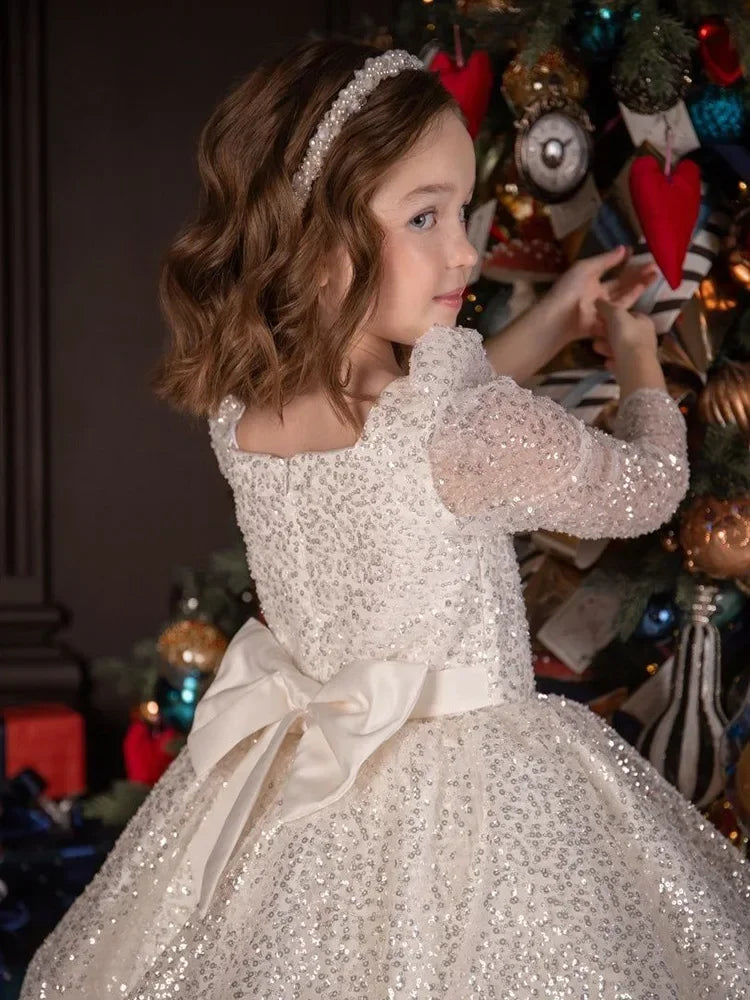 2024 Girls Dress Sequin Mesh Long-sleeved Birthday Party Outfit  New children's Clothes Matching Baby Opening Ceremony Prom