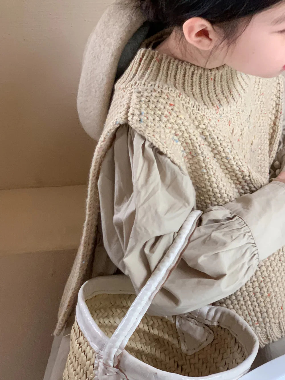 2024 Autumn Dress Girls Korean Solid Color Bubble Sleeve Dress Childrens Loose Skirt Knitted Vest Set