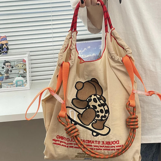 Bear Embroidery Designer Bag Chain Eco Bags for Women Large Nylon Shopper Purses and Handbags Letter Cartoon Shoulder Bag Tote