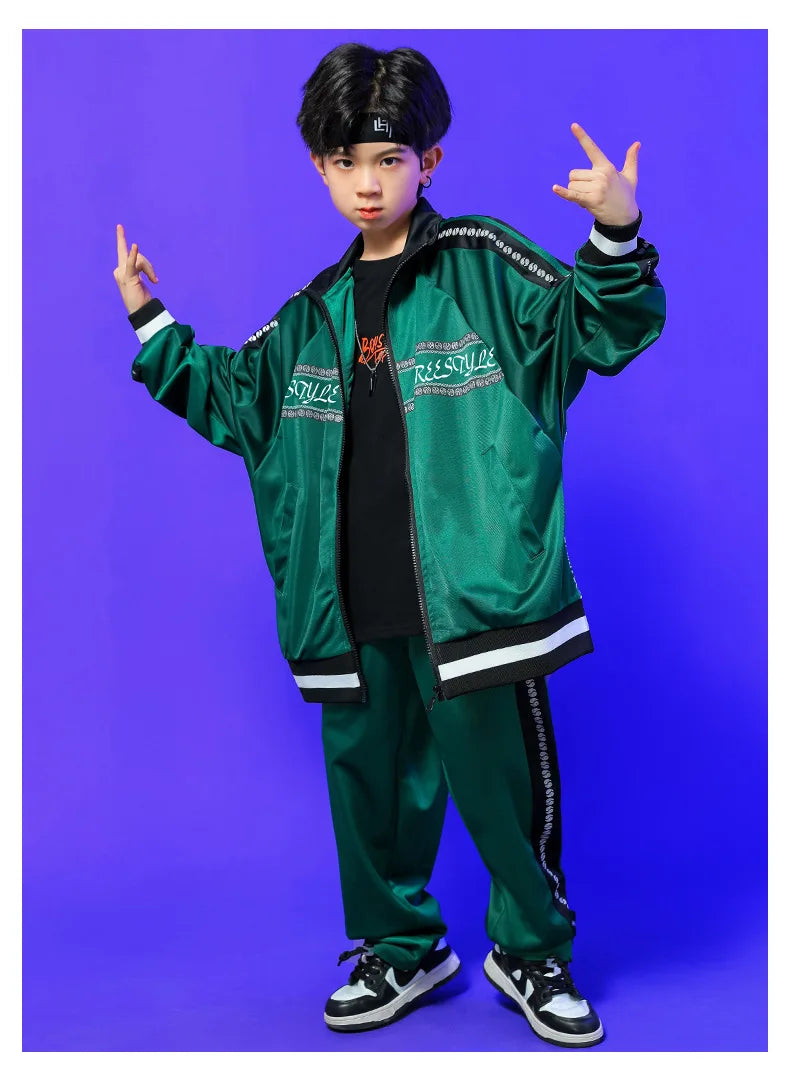Kids Hip Hop Clothing Green Long Sleeves Outfit Coat Pants Boys Girls Modern Street Dance Costume Concert Show Clothing BL9005