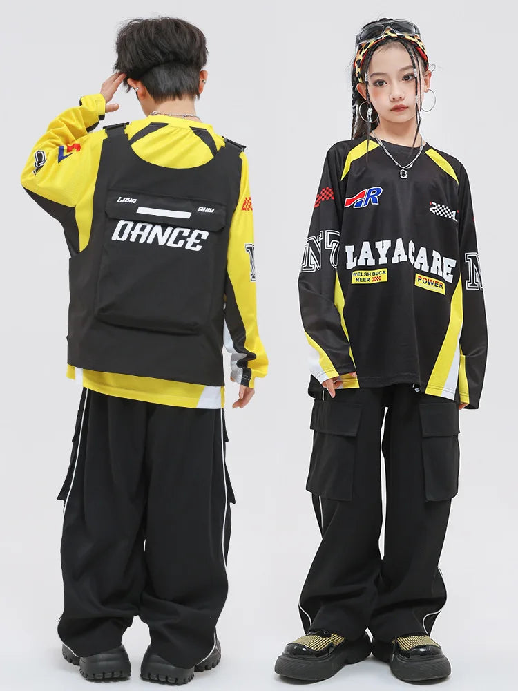 Kid Hip Hop Clothing Yellow Racing Long Sleeve T Shirt Vest Black Casual Cargo Pants for Girls Boys Jazz Dance Costume Clothes