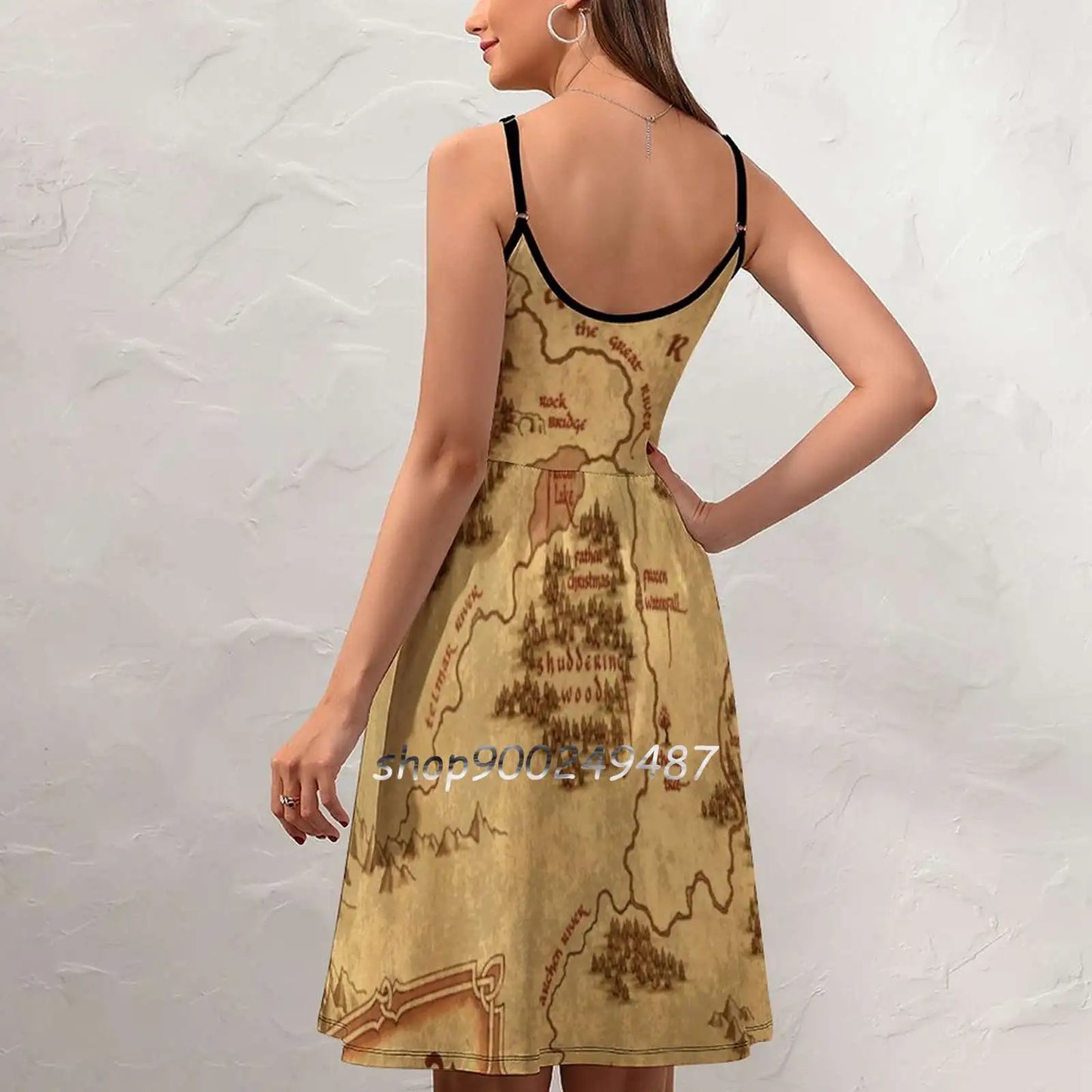 Map Square Neck Dress Sweet Summer Dress Women Elegant Halter Print Dress Map Fantasy Lion World Magic Tv Series Movies America