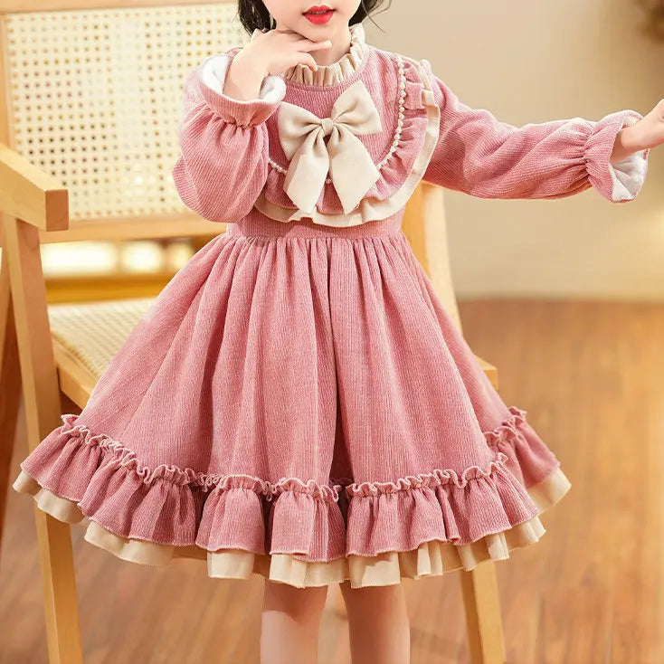 Girls 2023 Winter New Fashionable Korean style Dress Children Fashionable Bow Lace Collar Plush Thickened Princess Dress