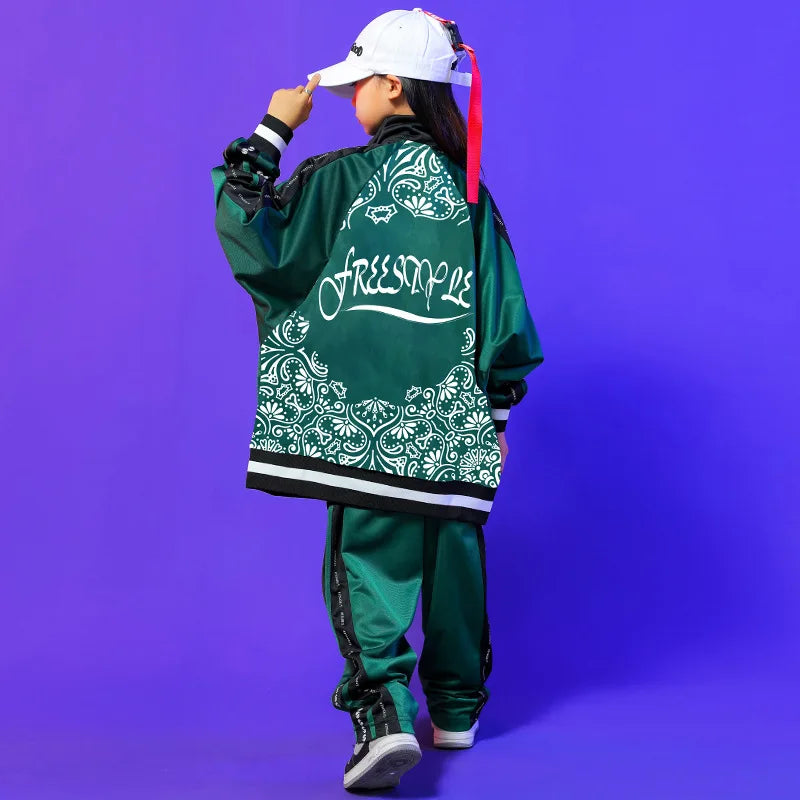 Kids Hip Hop Clothing Green Long Sleeves Outfit Coat Pants Boys Girls Modern Street Dance Costume Concert Show Clothing BL9005