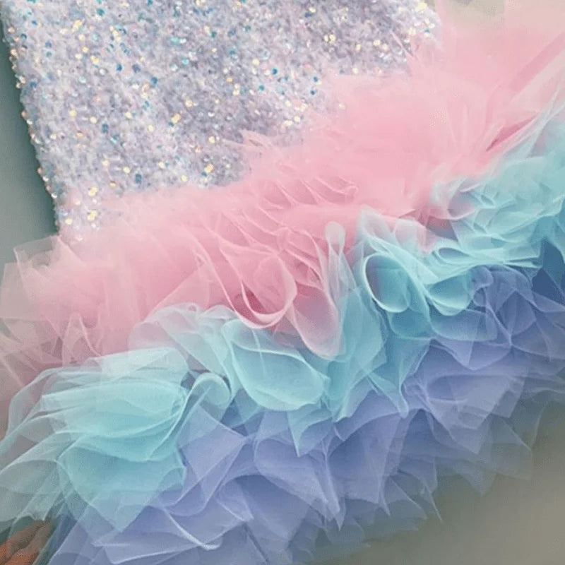 Baby Girl Princess Feather Sequin Dress Infant Toddler Child Teens Rainbow Vestido Party Pageant Birthday Baby Clothes 1-14Y