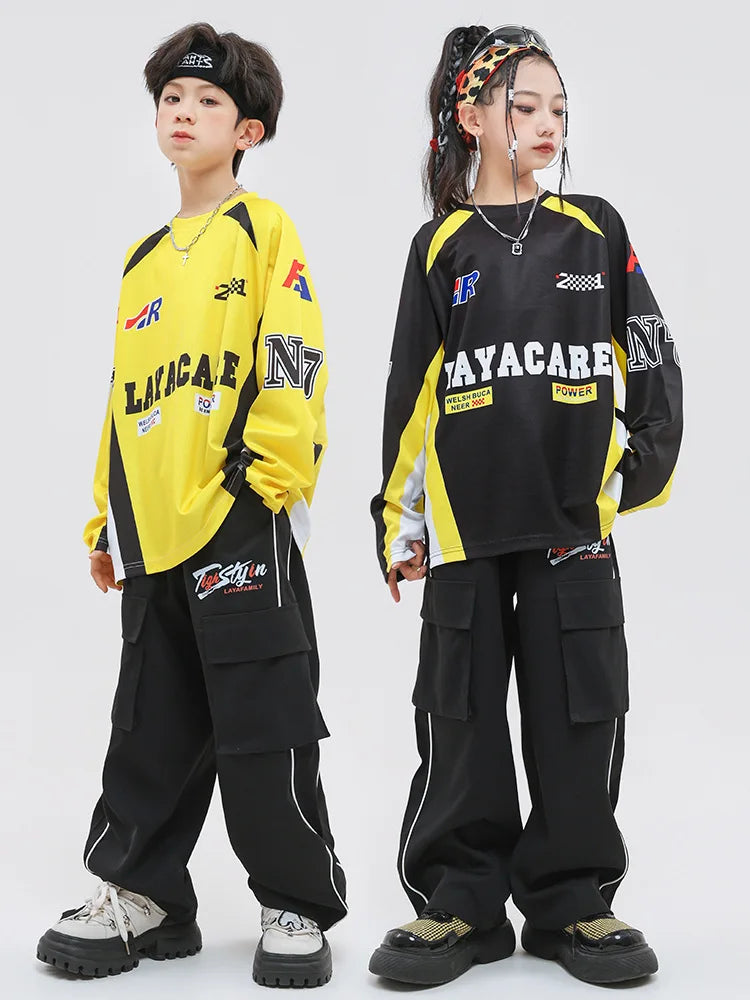 Kid Hip Hop Clothing Yellow Racing Long Sleeve T Shirt Vest Black Casual Cargo Pants for Girls Boys Jazz Dance Costume Clothes