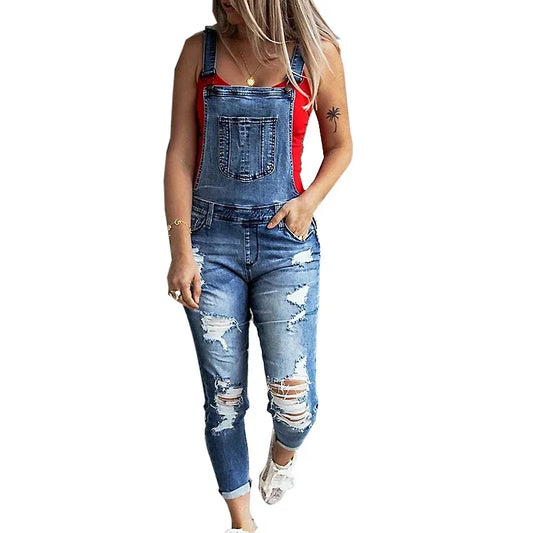 Women Sexy Ripped Hole Denim Jumpsuit Ladies Autumn Fashion Loose Jeans Rompers Vintage Casual Plus Size Pocket Overall Playsuit