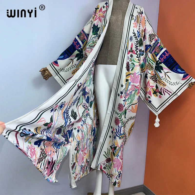 WINYI kimono new boho beach summer print Bikini cover-ups sexy vestidos para playa long Sleeve swimsuit woman 2023 maxi dress