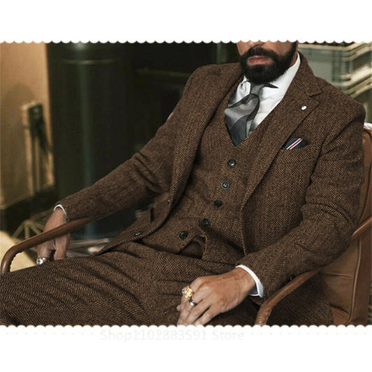 3 Piece (SB) Gray Wool Tweed Winter Men Suit's For Wedding Herringbone Male Formal Groom Tuxedo Fashion 3 Piece