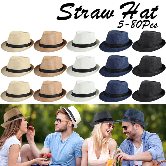 5-80Pcs Straw Hats for Men Women Panama Summer Beach Sun Hat Party Hats for Guests Wedding UPF50+ Short Brim Roll Up Trilby Hat